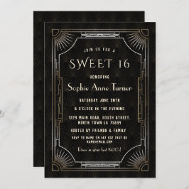 Invitación Glam Gold Black Great Gatsby Art Deco 20 SWEET 16