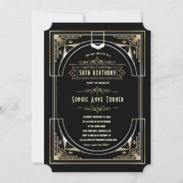 Invitación Glam Gold Black Great Gatsby Art Deco 50 Cumpleaño