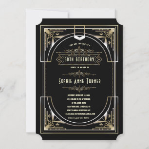 Invitación Glam Gold Black Great Gatsby Art Deco 50 Cumpleaño