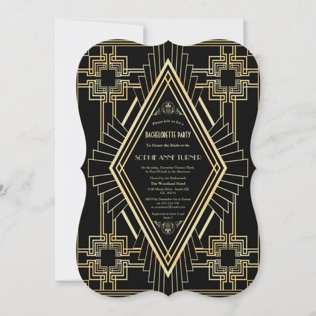 Invitación Glam Gold Black Great Gatsby Bachelorette (Anverso)