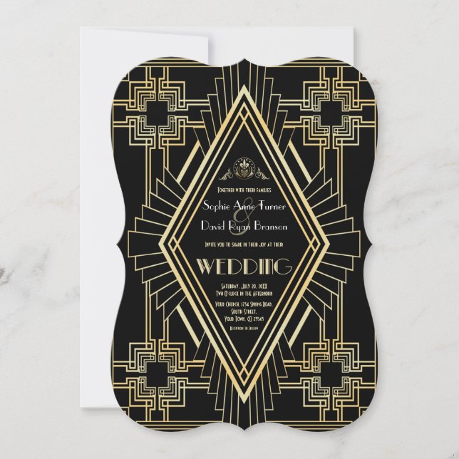 Invitación Glam Gold Black Great Gatsby Boda (Anverso)