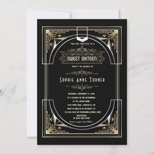 Invitación Glam Gold Black Great Gatsby Sweteen (Anverso)