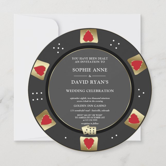 Invitación Glam Gold Black Poker Chip Casino QR Code Boda (Anverso)