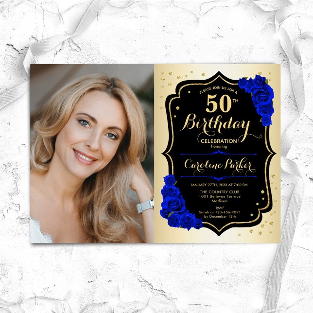 Invitación Glam Gold Black Royal Blue 50th Photo Birthday (Subido por el creador)