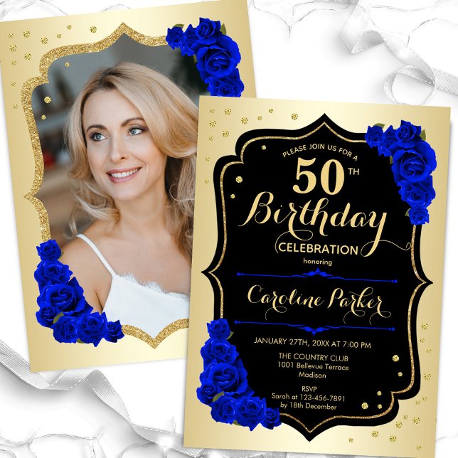 Invitación Glam Gold Black Royal Blue Photo 50 cumpleaños (Subido por el creador)