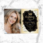 Invitación Glam Gold Black White 50th Photo Birthday<br><div class="desc">Elegante invitación de 50 años floral femenina con tu foto. Diseño de vidrio con oro falso. Cuenta con rosas blancas, fuente de guión y confeti. Perfecto para un elegante fiesta de celebración de cumpleaños. Personaliza con tus propios detalles. ¡Se puede personalizar para cualquier edad! Invitaciones Zazzle impresas o una plantilla...</div>