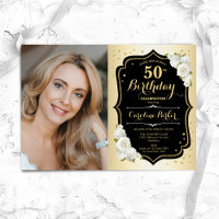 Glam Gold Black White 50th Photo Birthday