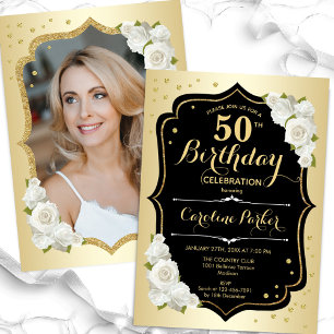 Invitación Glam Gold Black White Photo 50 cumpleaños