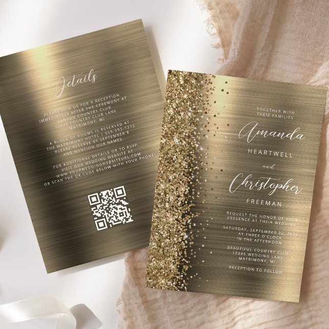 Invitación Glam Gold Brushed Metal QR Code Wedding (Subido por el creador)