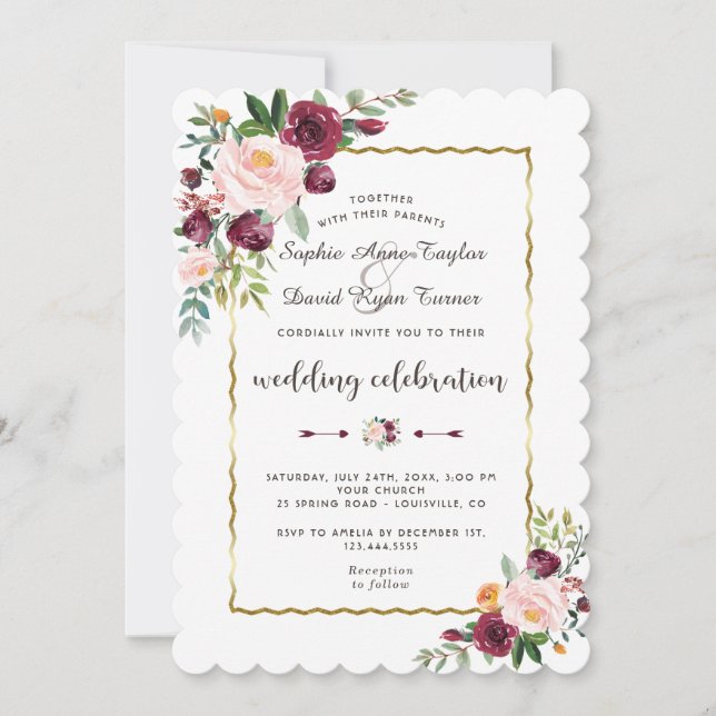 Invitación Glam Gold Burgundy Rubor Bloom Boda Floral (Anverso)