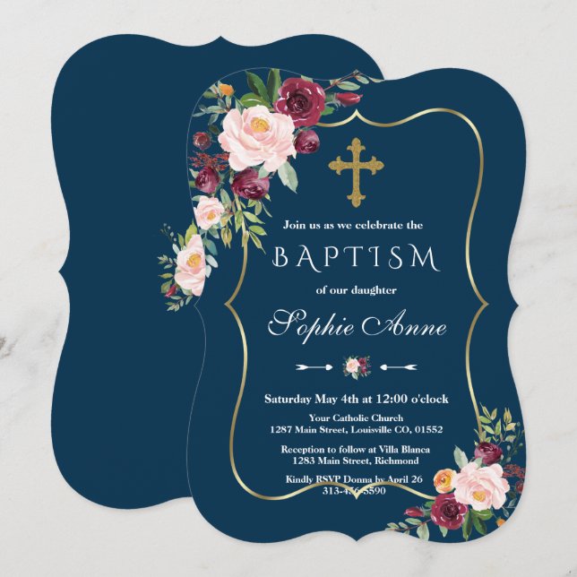 Invitación Glam Gold Burgundy Rubor Floral Naval Bautismo Azu (Anverso / Reverso)