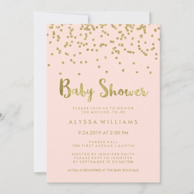 Invitación Glam Gold Confetti Baby Shower en Rubor Pink (Anverso)