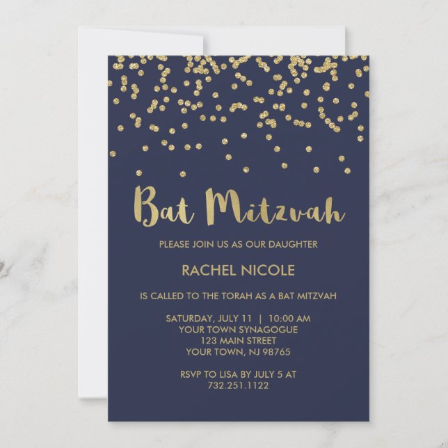 Invitación Glam Gold Confetti Bat Mitzvah sobre azul medianoc (Anverso)