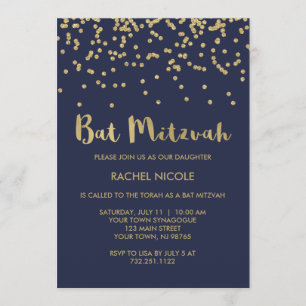 Invitación Glam Gold Confetti Bat Mitzvah sobre azul medianoc