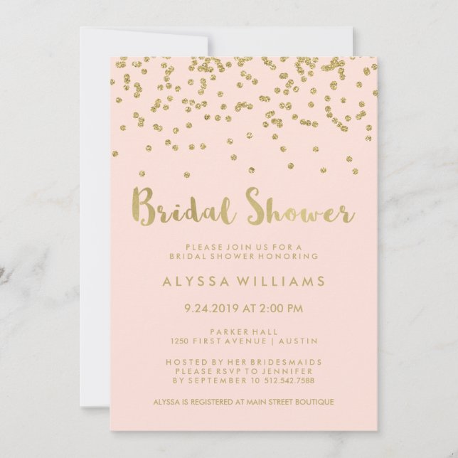 Invitación Glam Gold Confetti Bridal Shower en Rubor Pink (Anverso)