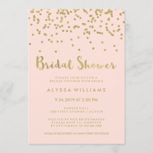 Invitación Glam Gold Confetti Bridal Shower en Rubor Pink