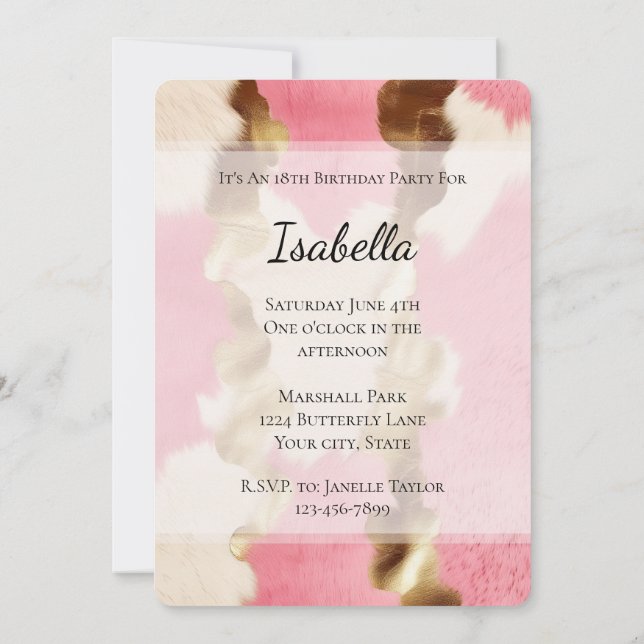 Invitación Glam Gold Cream Pink Cowgirl Piel de vaca Cumpleañ (Reverso)