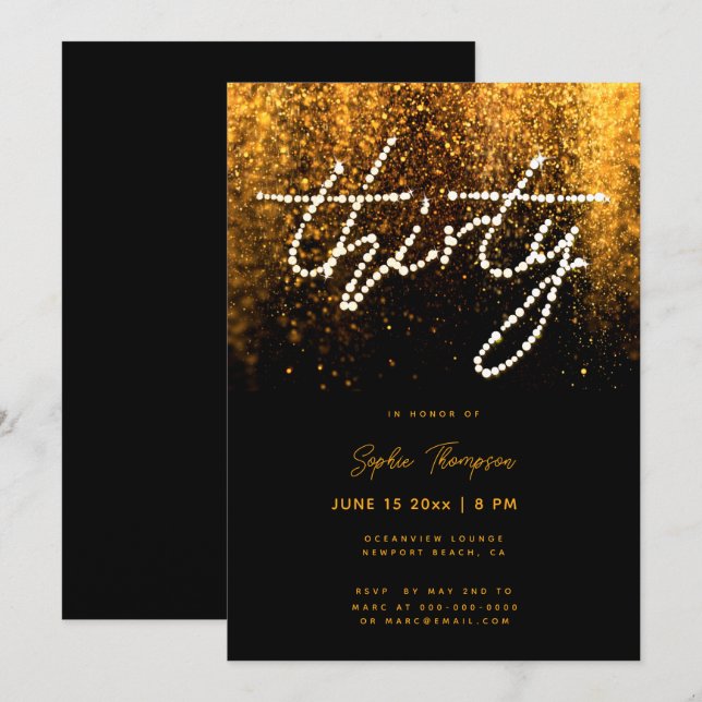 Invitación Glam Gold Diamantes de imitación caligrafía 30 cum (Anverso / Reverso)