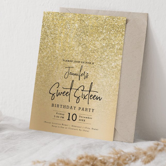 Invitación Glam Gold Faux Purpurina Sparkle Sweet 16 Fiesta (Glam Gold Faux Glitter Sparkle Sweet 16 Party Invitation)