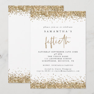 Invitación Glam Gold Glitter Cumpleaños Cincuenta Blanco