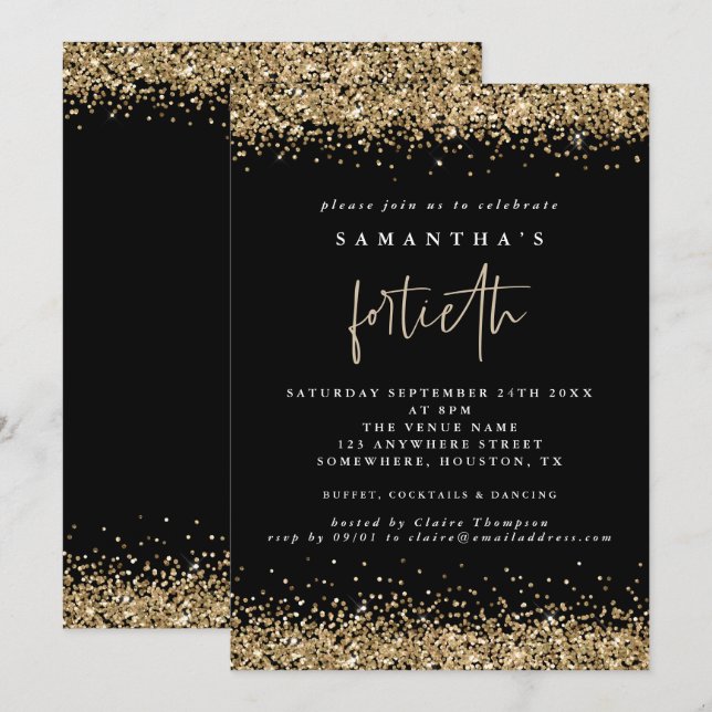 Invitación Glam Gold Glitter Cumpleaños Cuarenta Negra (Anverso / Reverso)