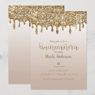 Invitación Glam Gold Glitter Drip Quinceañera Cumpleaños 15