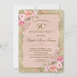 Invitación Glam Gold Glitter Rubor Fiesta de Cumpleaños Flora