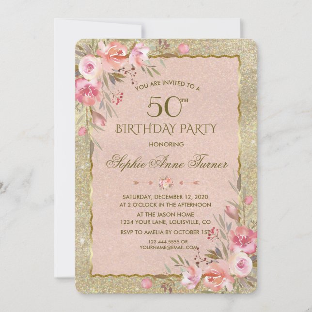 Invitación Glam Gold Glitter Rubor Fiesta de Cumpleaños Flora (Anverso)
