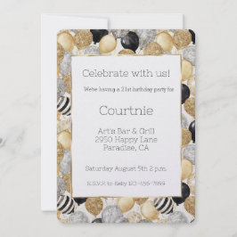 Invitación Glam Gold Glitzy Glitter Silver Balloons Birthday