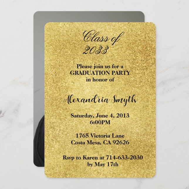 Invitación Glam Gold Graduation Your Photo (Anverso / Reverso)