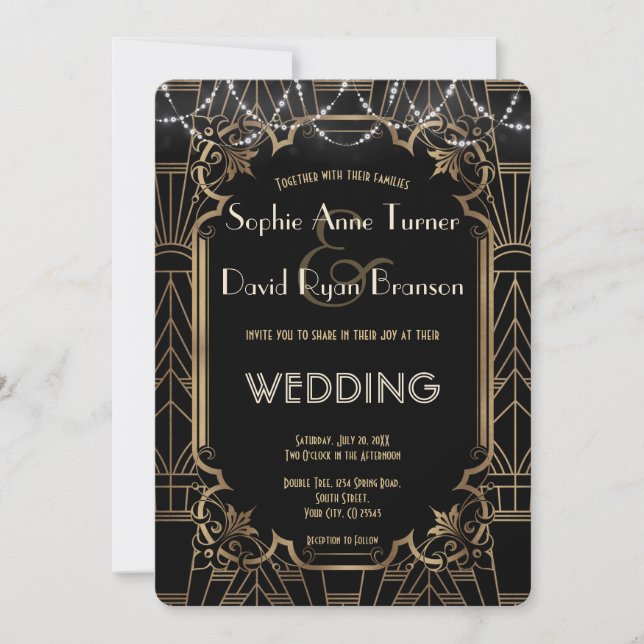 Invitación Glam Gold Gran Gatsby Boda de Art Deco Negro de lo (Anverso)