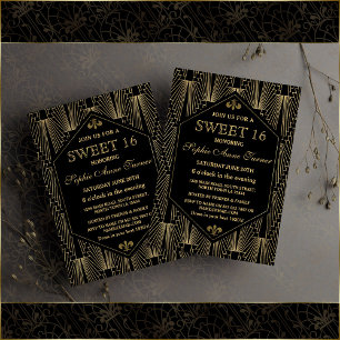 Invitación Glam Gold Great Gatsby Art Deco Sweet 16 Fiesta