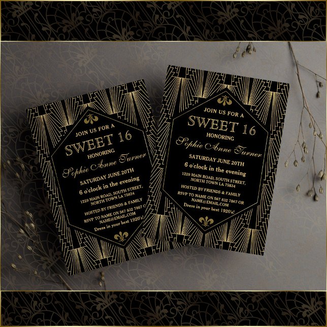Invitación Glam Gold Great Gatsby Art Deco Sweet 16 Fiesta (sweet 16 invitation, great Gatsby sweet 16 invite, trendy gold black sweet sixteen invite)