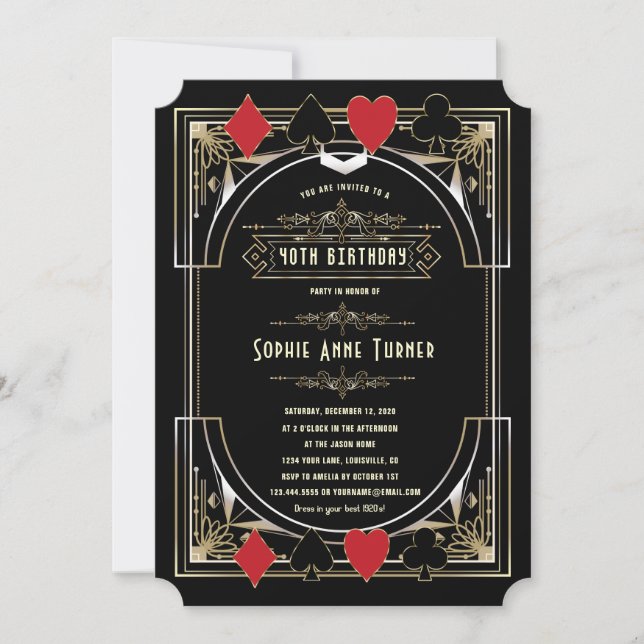 Invitación Glam Gold Great Gatsby Casino Night 50 Cumpleaños (Anverso)
