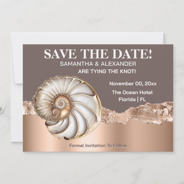 Invitación Glam Gold ivory Conch Shell Beach Save The Date (Anverso)