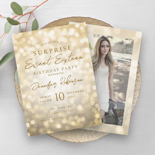 Invitación Glam Gold Lights Foto SORPRISE Sweet 16