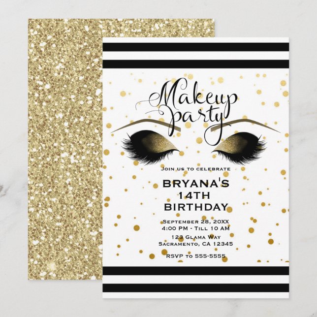 Invitación Glam Gold Makeup Eyelashes Belleza Dots Fiesta (Anverso / Reverso)
