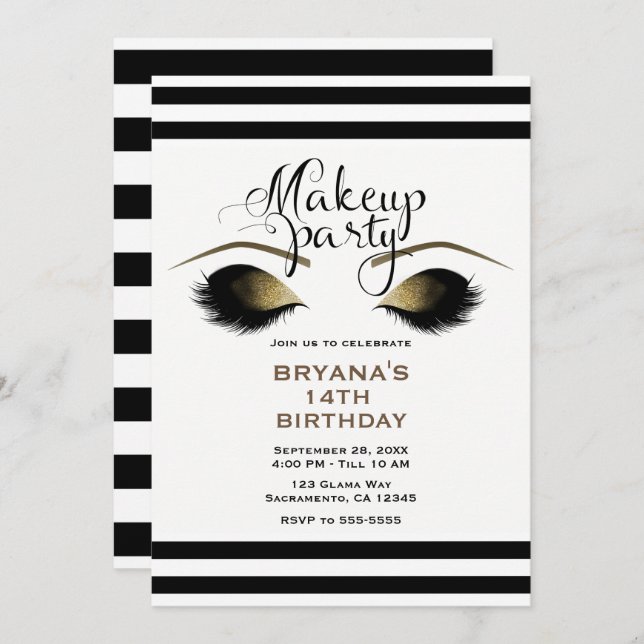 Invitación Glam Gold Makeup Eyelashes Belleza Personalizado F (Anverso / Reverso)