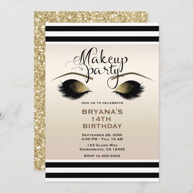 Invitación Glam Gold Makeup Eyelashes Belleza Personalizado F (Anverso / Reverso)