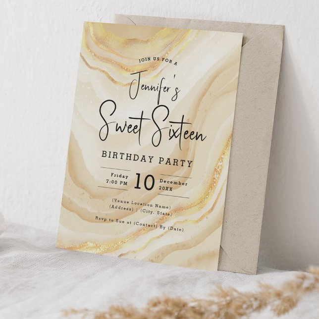 Invitación Glam Gold Marble Purpurina Sweet 16 Fiesta (Glam Gold Marble Glitter Sweet 16 Party Invitation)