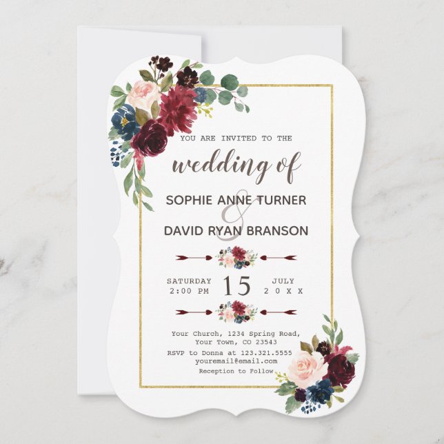 Invitación Glam Gold Merlot Boda Floral Azul (Anverso)