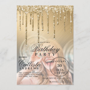 Invitación Glam Gold Metallic Purpurina Drin Foto Cumpleaños