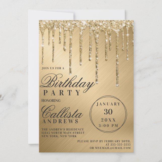 Invitación Glam Gold Metallic Purpurinas Drithday Cumpleaños (Anverso)