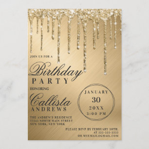 Invitación Glam Gold Metallic Purpurinas Drithday Cumpleaños
