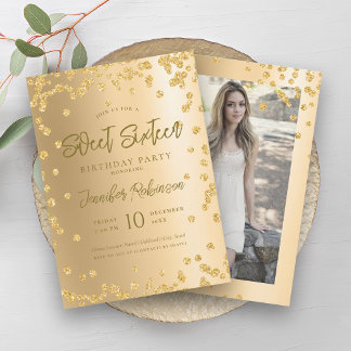 Invitación Glam Gold Moda Purpurina Foto Dulce 16