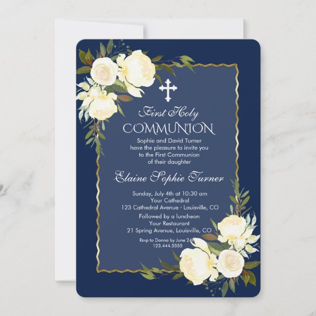 Invitación Glam Gold Navy Blue Floral primera comunión (Anverso)