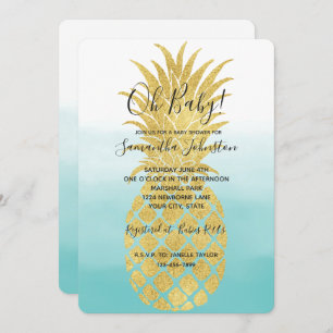 Invitación Glam Gold Pineapia Aqua Watercolor Ombre