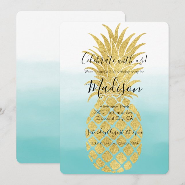 Invitación Glam Gold Pineapia Aqua Watercolor Ombre (Anverso / Reverso)