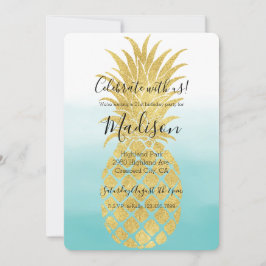 Invitación Glam Gold Pineapia Aqua Watercolor Ombre