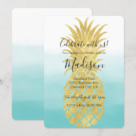 Invitación Glam Gold Pineapia Aqua Watercolor Ombre